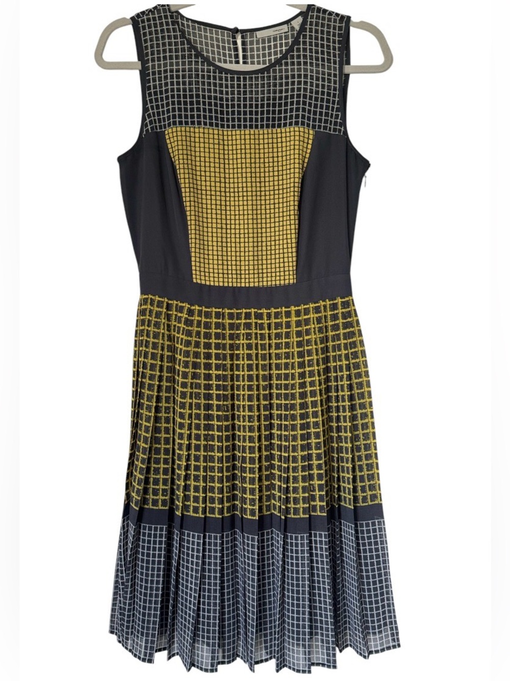 Halogen S/L Black Gray Yellow Grid Print Geometric Midi Dress Pleats Abstract 4